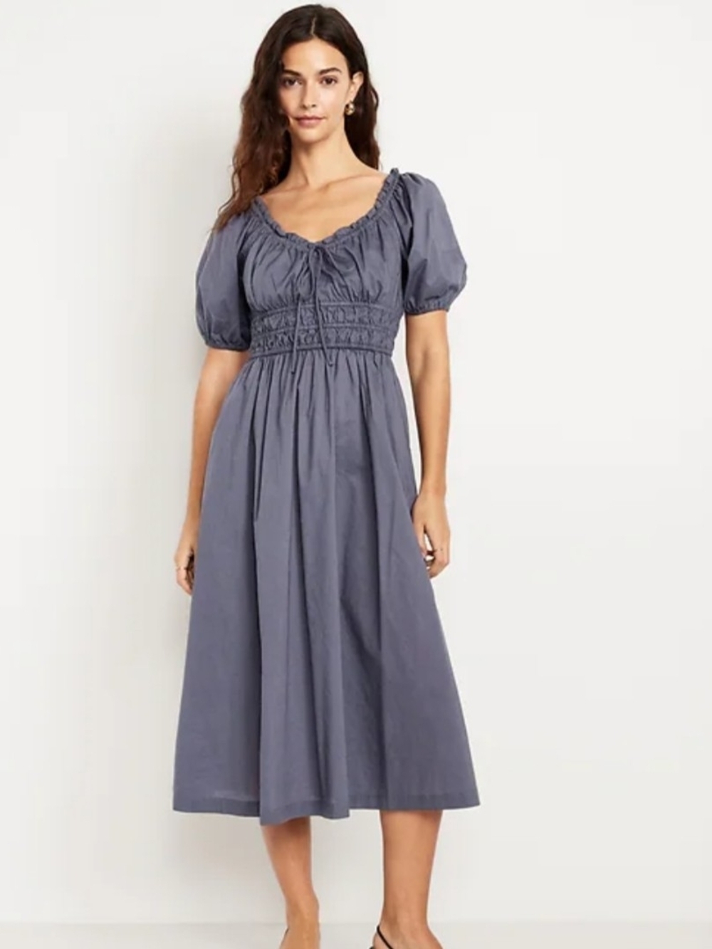 Fit & Flare Smocked Puff Sleeve Midi Dress in Slate Blue